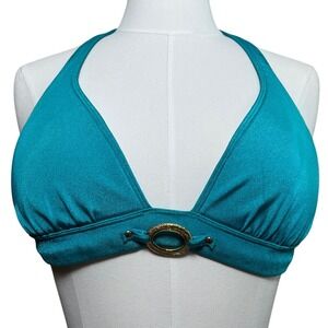 VTG Y2K Victorias Secret Teal Shimmer Halter Bikini Top Gold Ring Detail Small